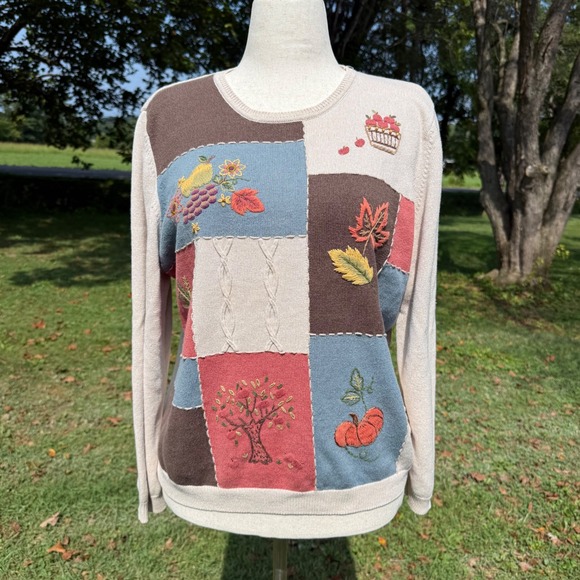 Alfred Dunner Sweaters - Alfred Dunner Y2K VTG Fall Patchwork Embroidered Sweater Women Tan Blue Large